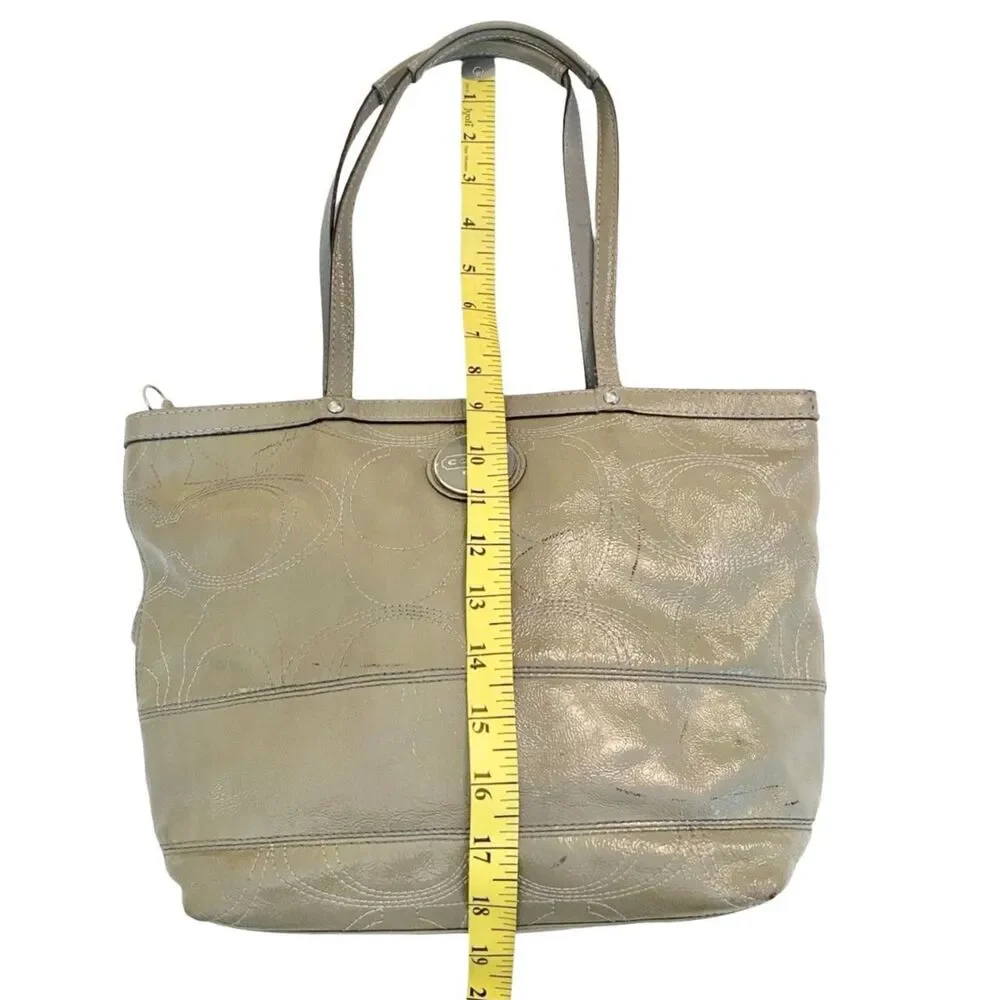Coach Signature Stripe Patent Leather Tote Shoulder Bag Taupe Grey F15142